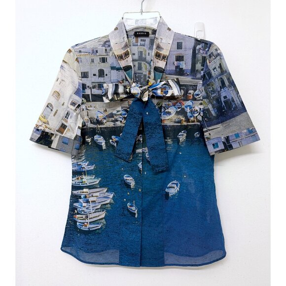 Akris Marina Grande Capri Port Print Cotton Shirt Top Blue Buildings Boats 6 - Picture 3 of 13